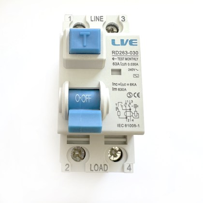 Live LVE RD263-030 63A 63 Amp 30mA RCD RCCB 2 Double Pole Circuit Breaker Type AC